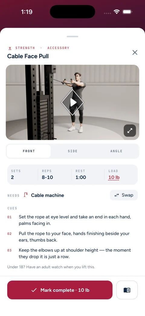 An exercise screen on a phone: the Cable Face Pull on video, with sets, reps and cues