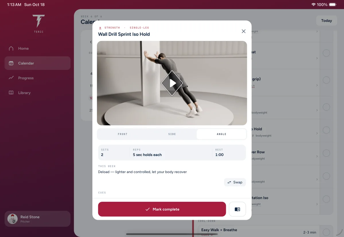 A player's exercise screen on an iPad: the movement on video, sets, reps and rest